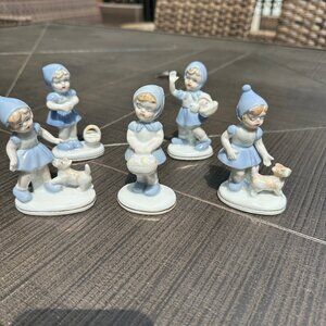 5 Piece Set - Vintage Girls with baskets, dogs made In Japan 1940's-1950's